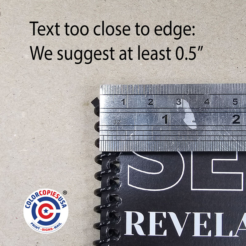 Incorrect spiral binding layout: text too close to punched edge at 3/8 inch, causing uncomfortable reading and potential cutting