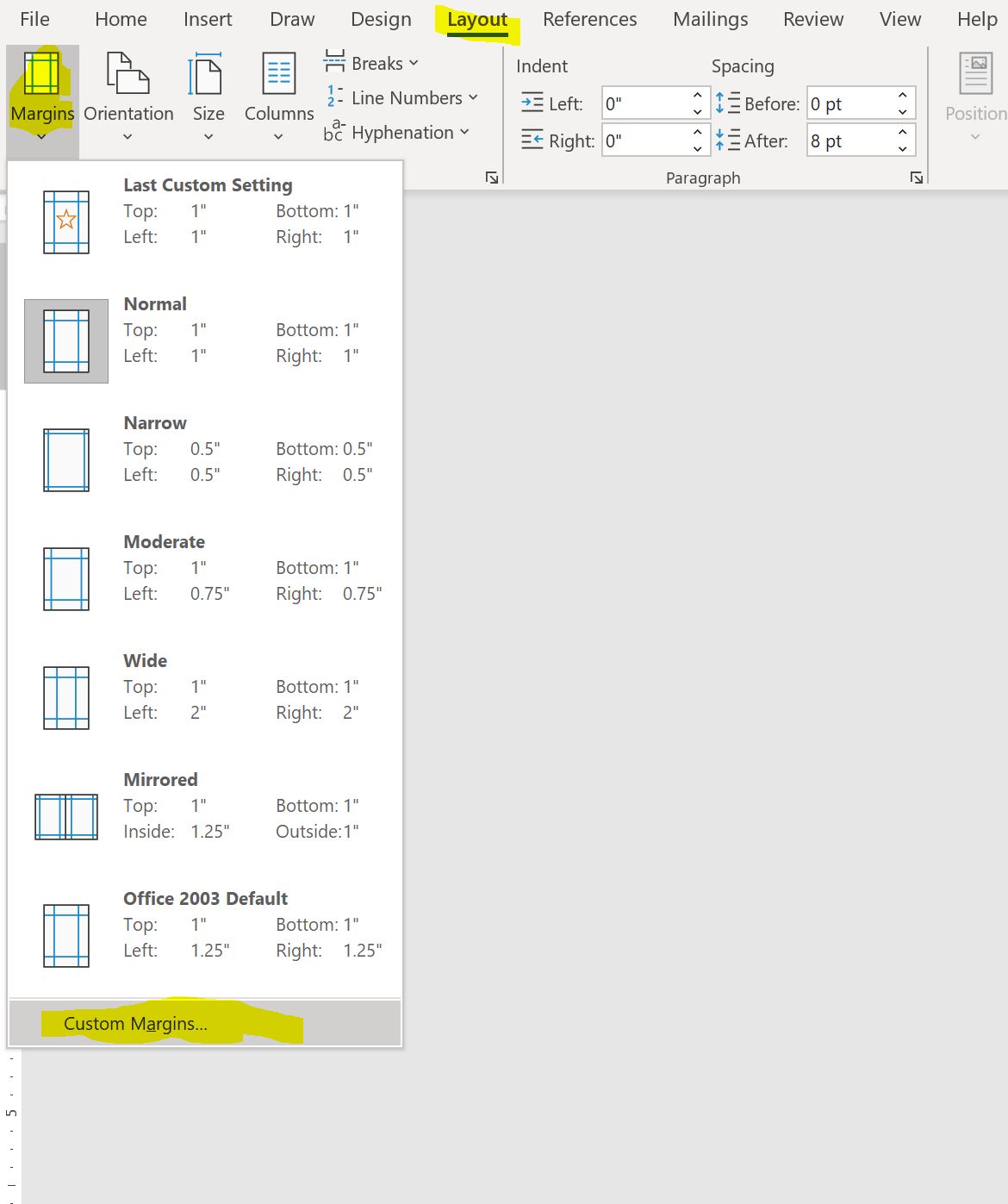How to change the margins in Microsoft Word Document 