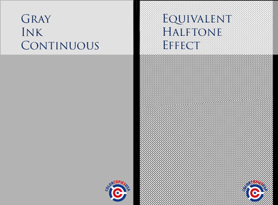 This one image shows two ways to obtain the effect of a gray. The left portion of the image shows a gray-covered-area. The right portion shows the equivalent effect achieved with black dots on top a white substrate. In this case it is required a 37% of the area to be covered with black dots to obtain the same result of a gray uniform application.
