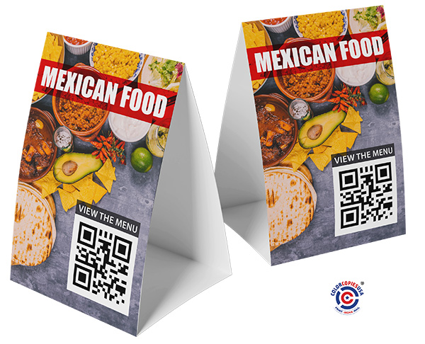 Custom restaurant table tent with QR code for viewing the menu