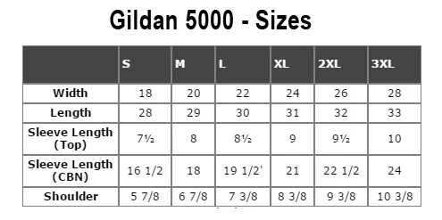 Specific dimensions of a specific t-shirt Gildan 5000