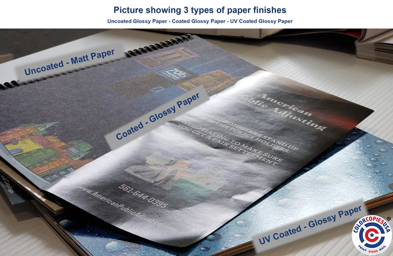 3 sheets of paper side by side showing the difference between uncoated, coated gloss, and 14pt board with UV coating