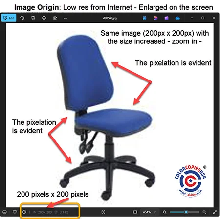 Same 200 by 200 pixel chair image enlarged showing severe pixelation with blurry blocks and jagged edges