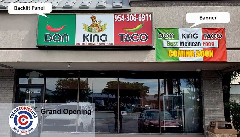Don King Taco restaurant storefront in South Florida with a Coming Soon vinyl banner and backlit sign both printed and installed by ColorCopiesUSA