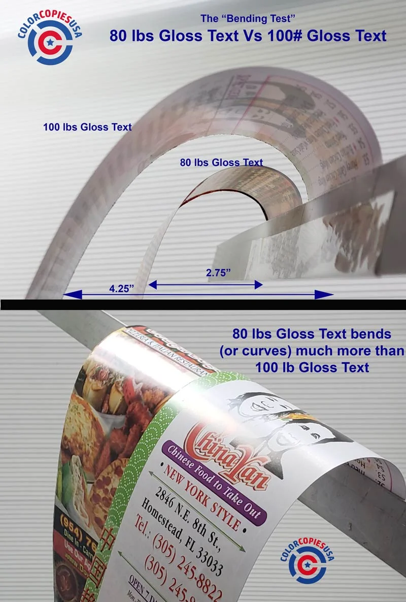 "Bending" test to show how 80lb and 100lb gloss papers behave. Picture shows both papers bending with measurements "Bending" test to show how 80lb and 100lb gloss papers behave. Picture shows both papers bending with measurements