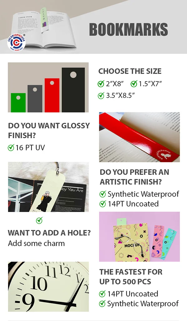 Infographic about bookmarks printing options: Sizes, finishes and material options