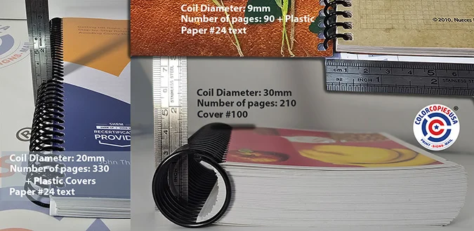 Images showing printed booklets with different coil diameters and capacity