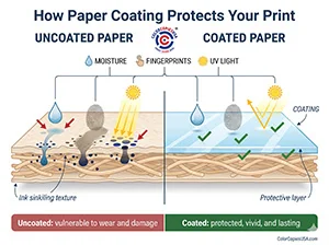 Cross-section diagram showing how paper coating protects printed paper from moisture, fingerprints, and UV light, compared side-by-side with uncoated paper that absorbs damage