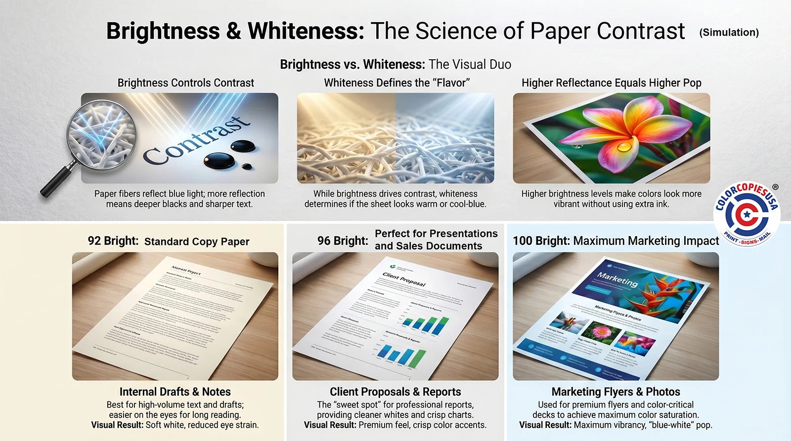 Educational infographic titled 'Brightness and Whiteness: The Science of Paper Contrast.' Top row illustrates three concepts: paper fibers reflecting blue light, a warm-versus-cool white fiber comparison, and a vivid printed flower image demonstrating color pop. Bottom row shows three brightness tiers with sample printed pieces — 92 Bright for internal drafts and notes, 96 Bright for client proposals and reports, and 100 Bright for marketing flyers and photos.