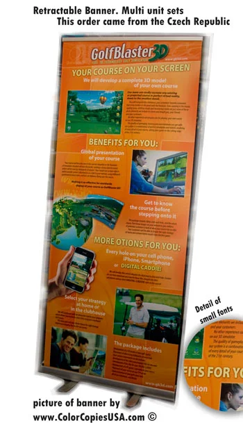 retractable banner ordered by a company from the Czech Republic, one of a pair of units ordered. See a detail showing small fonts printed in the banner