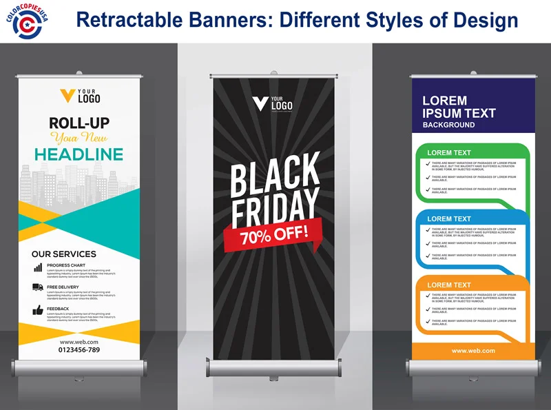 The picture shows examples of design of retractable banners setting different tones according to the requirement