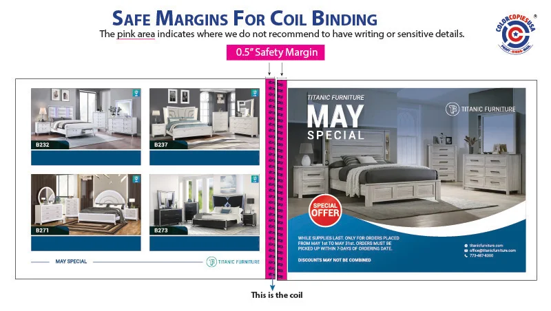 Illustration showing recommended 0.5 inch margin for coil binding - A pink margin is shown in context