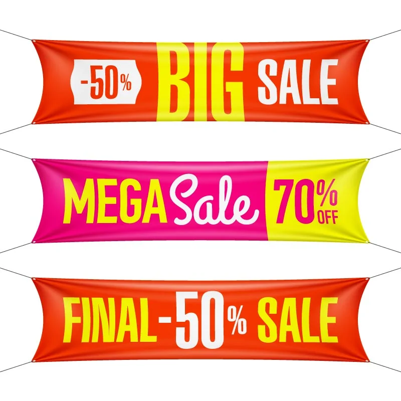 Vinyl banners promoting sales with discounts Vinyl banners promoting sales and discounts at retail stores