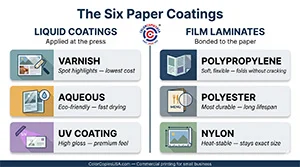 Infographic comparing the six main types of paper coating used in commercial printing: varnish, aqueous, and UV coating as liquid coatings, plus polypropylene, polyester, and nylon as film laminates