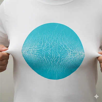 Person stretching a t-shirt with a printed design, showing how the image cracks and distorts when pulled — a visual metaphor for what happens when you enlarge a low resolution image for print