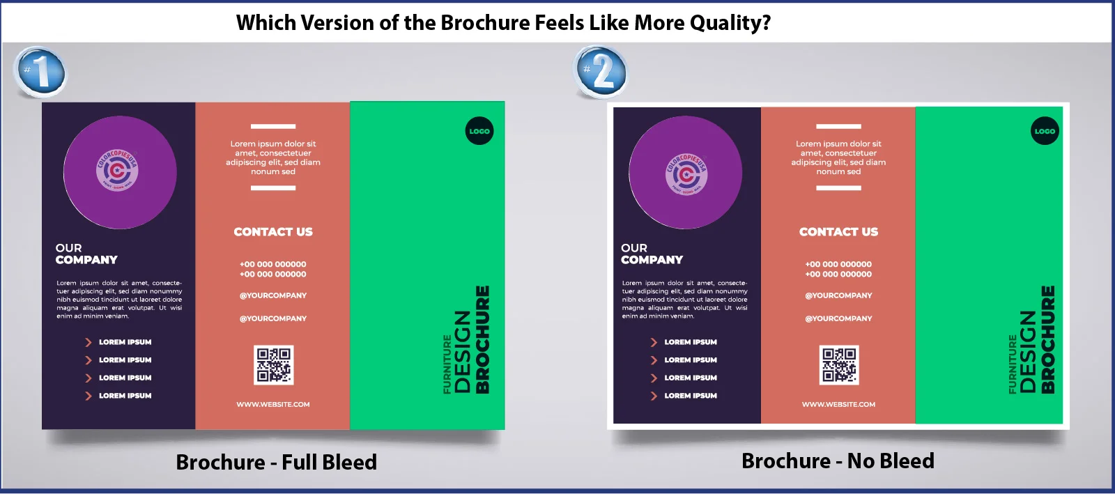 Side-by-side comparison showing professional full bleed brochure vs amateur design with white borders